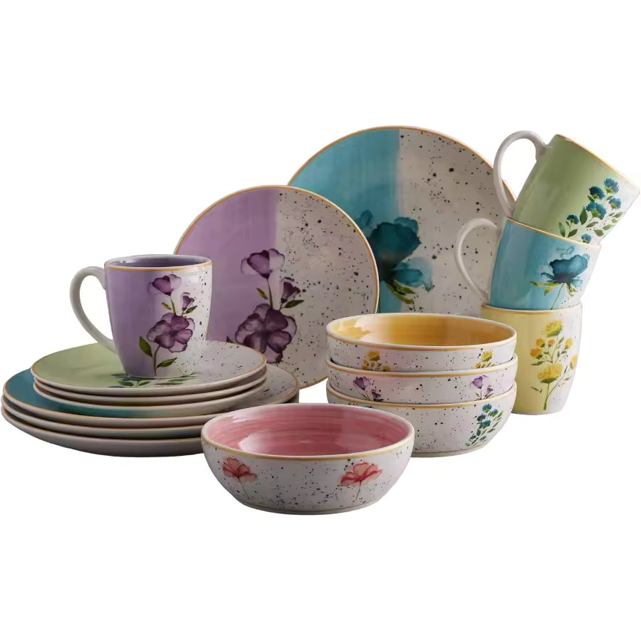 16-piece multicolor floral ceramic dinnerware set including dinner plates, salad plates, bowls, and mugs with a mix-and-match speckled design.