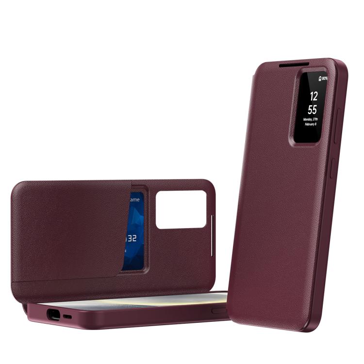 For Samsung Galaxy S23 Ultra 5G Smart View Window Leather Phone Case with Card Slot(Red)