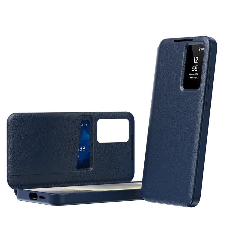 For Samsung Galaxy S25 5G Smart View Window Leather Phone Case with Card Slot(Blue)
