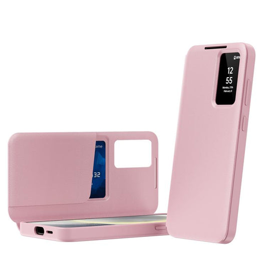For Samsung Galaxy S25+ 5G Smart View Window Leather Phone Case with Card Slot(Pink)