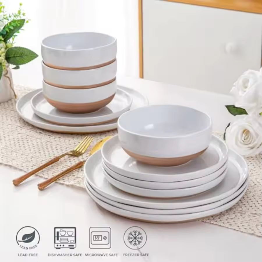 18-piece modern two-tone ceramic dinnerware set featuring glossy white plates and bowls with exposed matte terracotta bases.