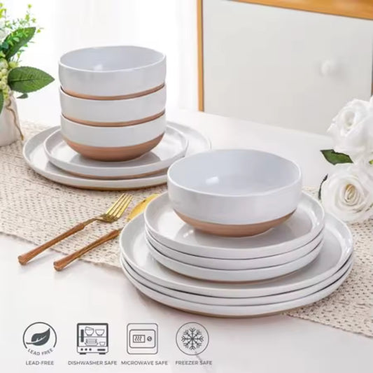 18-piece modern two-tone ceramic dinnerware set featuring glossy white plates and bowls with exposed matte terracotta bases.