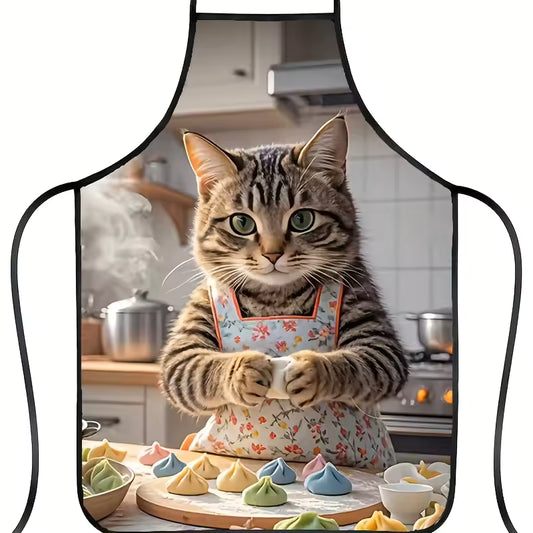 Fantasy cat chef apron featuring a high-definition 3D-style print of a tabby cat making colorful dumplings in a rustic kitchen.