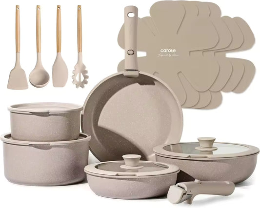 19-piece space-saving beige cookware set featuring stackable nonstick pots and pans, detachable handles, silicone lids, and cooking utensils.