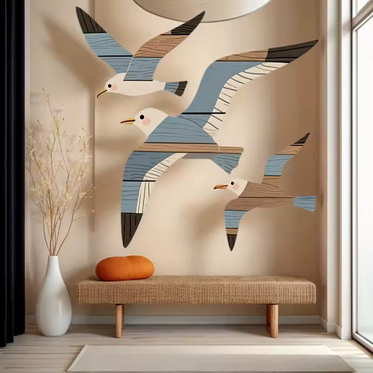 Rustic Nautical Seagull Wall Decor | 2D Wooden Birds - Set of 3