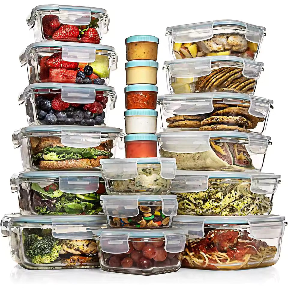 A massive 35-piece set of clear glass food storage containers with teal blue lids, stacked and filled with various fresh foods like pasta, berries, and salads.