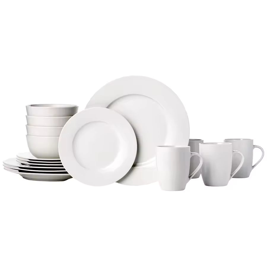 16-piece minimalist white porcelain dinnerware set including dinner plates, salad plates, bowls, and mugs on a white background.