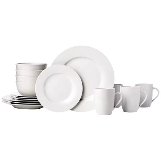 16-piece minimalist white porcelain dinnerware set including dinner plates, salad plates, bowls, and mugs on a white background.