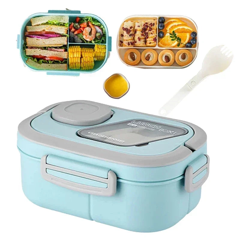 1200ml portable bento lunch box in pastel pink and blue with integrated utensil storage, a sauce dish, and a leak-proof locking lid.