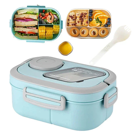 1200ml portable bento lunch box in pastel pink and blue with integrated utensil storage, a sauce dish, and a leak-proof locking lid.