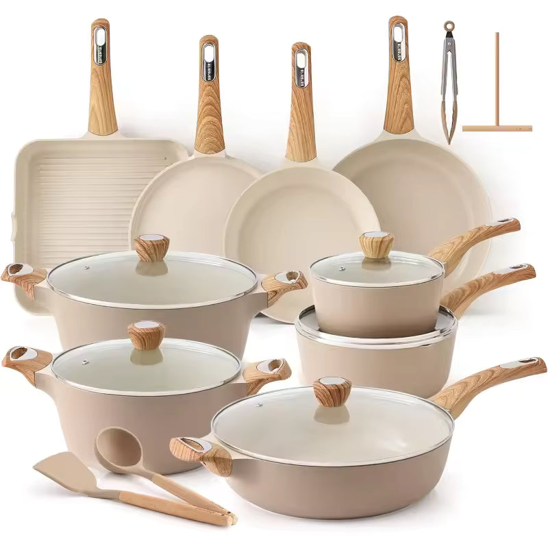 26-piece healthy ceramic nonstick cookware set in cream yellow with wood-look handles, including induction pots, pans, and silicone utensils.