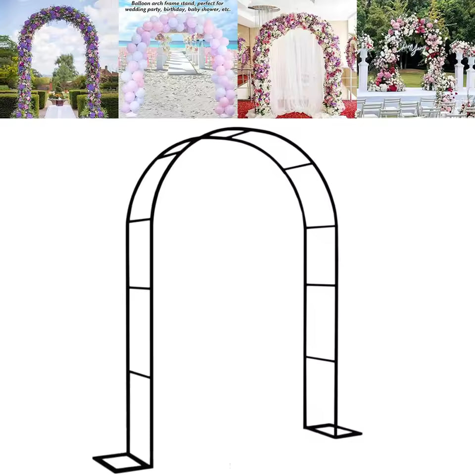 Black metal garden arch frame for wedding decorations and events. Collapsible stand for artificial cherry blossoms, flowers, or balloons.