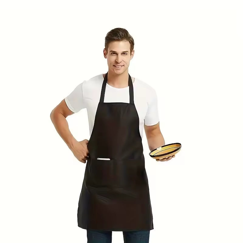 Set of four professional canvas aprons in blue, brown, white, and black, featuring a woman wearing the blue model with items in the front pocket.