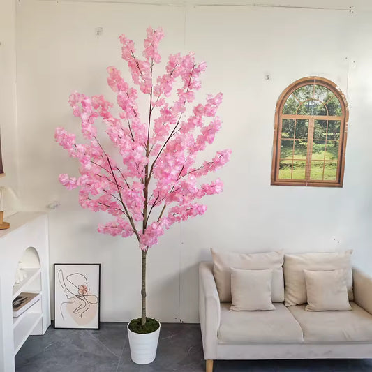 160cm (5.2ft) artificial pink cherry blossom tree in a white pot for home living room and boutique office decoration.