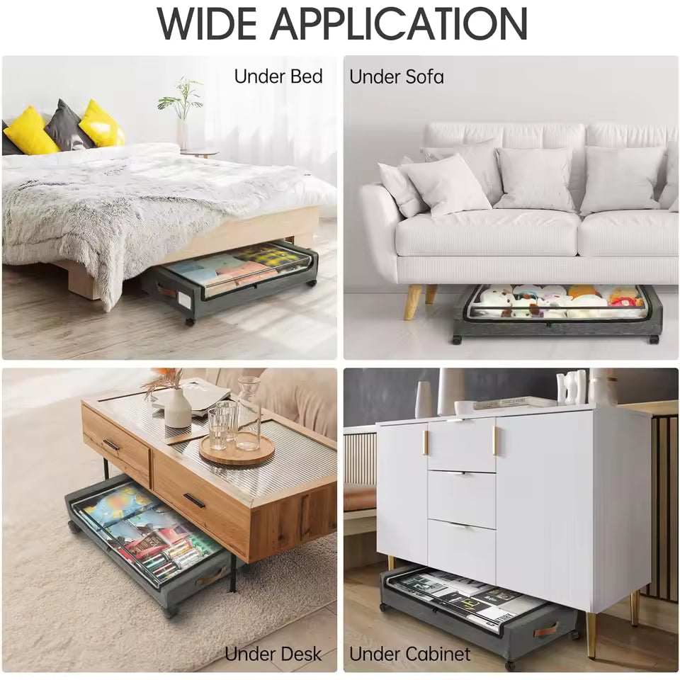 Two grey under-bed storage drawers with clear windows and lockable wheels, showing capacity for clothes and shoes.