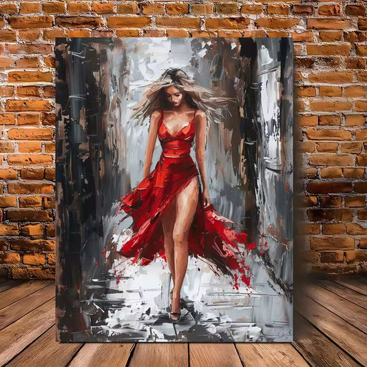 Framed Canvas Wall Art | Woman in Red Dress Painting Print
