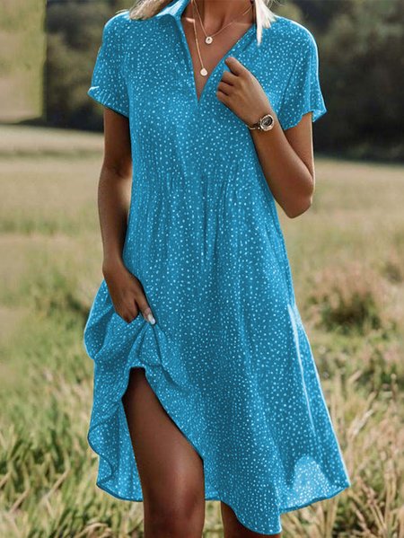 Women Vacation Polka Dots Shirt Collar Short Sleeve Comfy Casual Midi Dress