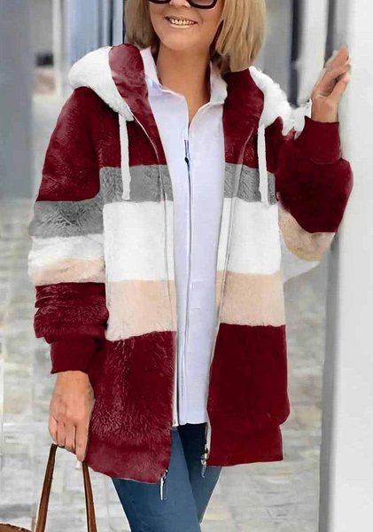 Women Winter Outerwear Vintage Striped Long Sleeve Hoodie Jacket