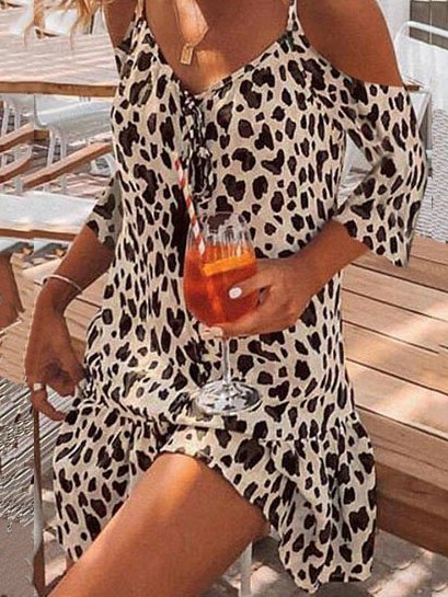 Cotton-Blend V Off-Shoulder Neck Casual Dress