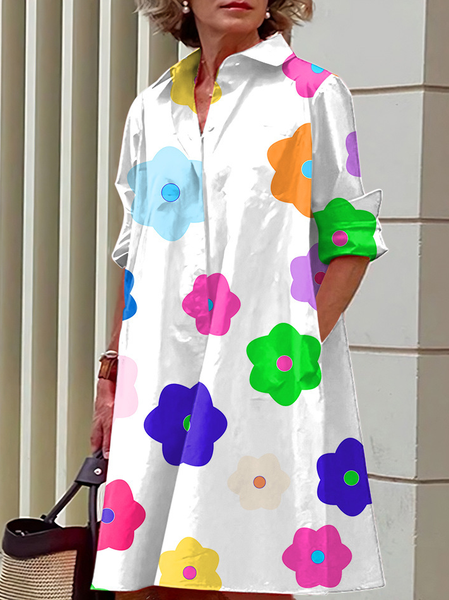 Women Random Print Shirt Collar Long Sleeve Comfy Casual Pocket Stitching Midi Dress