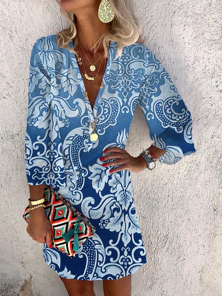Women's Sundress Vacation Loose V Neck Long Sleeve Casual Midi Dress