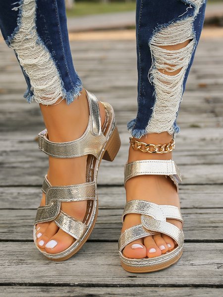 Casual Plain Blocking Hook-Loop Block Heel Chunky Heel Sandals