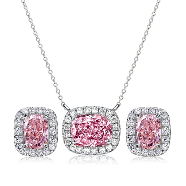 Italo Pink Stone Cushion Cut Halo Necklace & Earrings Jewelry Set