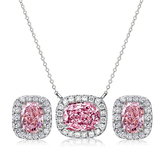 Italo Pink Stone Cushion Cut Halo Necklace & Earrings Jewelry Set