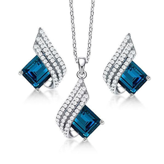 Italo Emerald Cut Blue Topaz Necklace & Earrings Jewelry Set