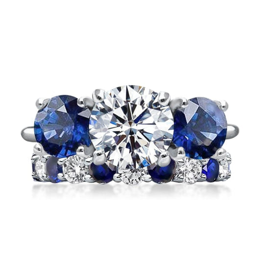 White & Blue Three Stone Round Cut Bridal Set
