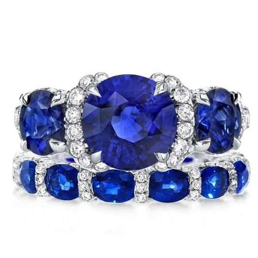 Oval & Round Cut Three Stone Created Sapphire Wedding Set