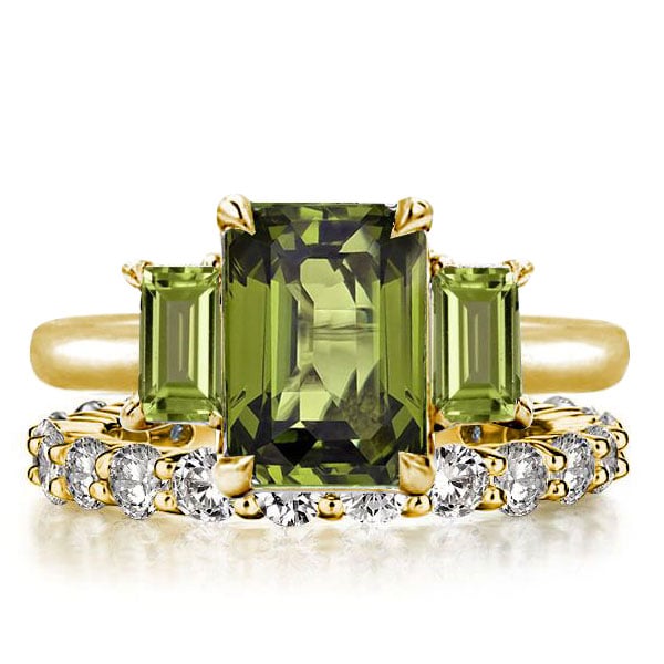 Italo Golden Peridot Emerald Cut Three Stone Engagement Ring Sets