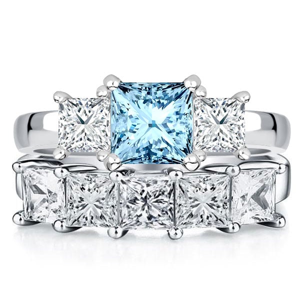 Italo Princess Cut Aquamarine Three Stone Engagement Ring Sets