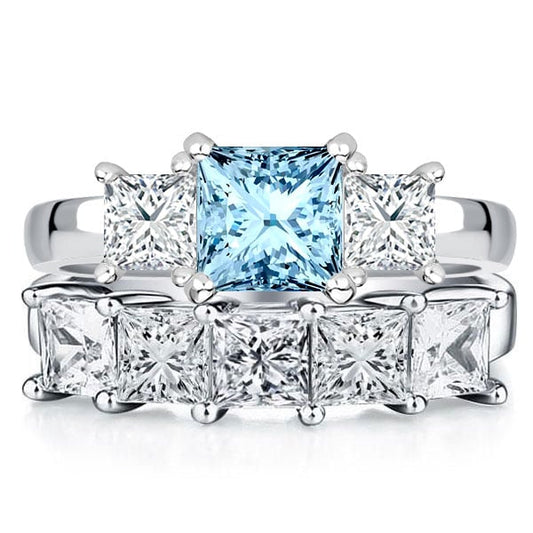 Italo Princess Cut Aquamarine Three Stone Engagement Ring Sets