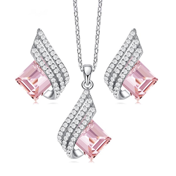 Emerald Cut Created Pink Sapphire Necklace & Earrings Jewelry Set