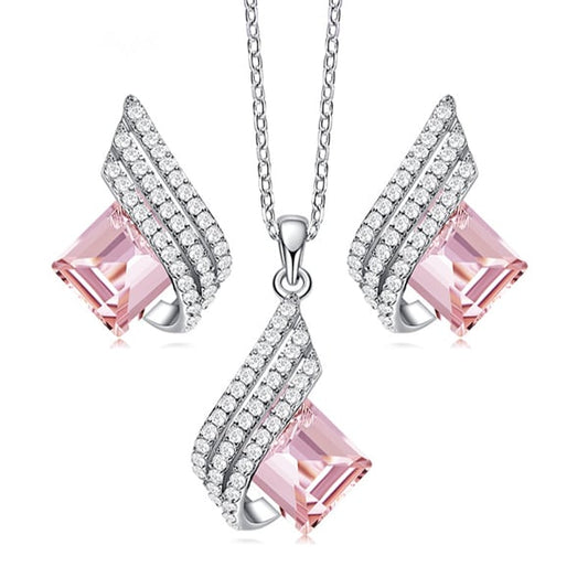 Emerald Cut Created Pink Sapphire Necklace & Earrings Jewelry Set