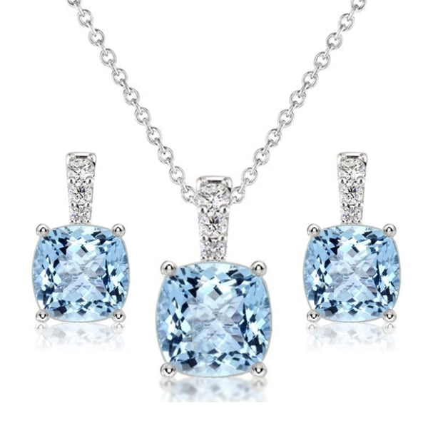 Italo Aquamarine Sapphire Cushion Cut Necklace & Earrings Jewelry Set