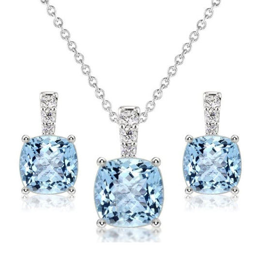 Italo Aquamarine Sapphire Cushion Cut Necklace & Earrings Jewelry Set