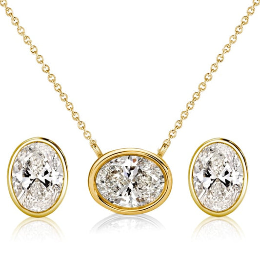 Italo Bezel Setting Oval Cut Solitaire Necklace & Earrings Jewelry Set