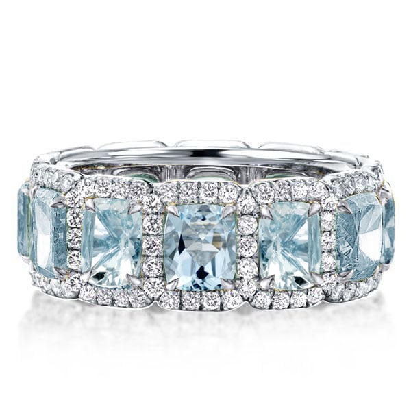 Italo Aquamarine Ring Cushion Cut Eternity Wedding Band For Women