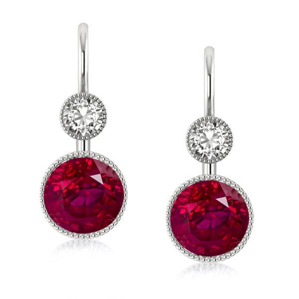 Milgrain Round Cut Ruby Drop Earrings In Sterling Silver