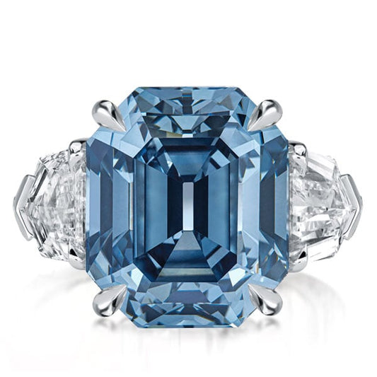 Italo London Blue Topaz Ring Emerald Cut Three Stone Engagement Ring