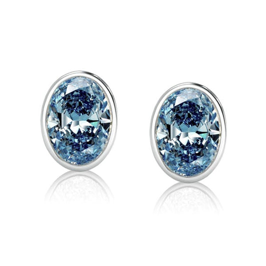 Bezel Oval Cut Blue Topaz Stud Earrings For Women