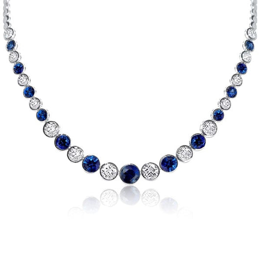 Italo Classic Blue & White Bezel Round Tennis Necklace For Women