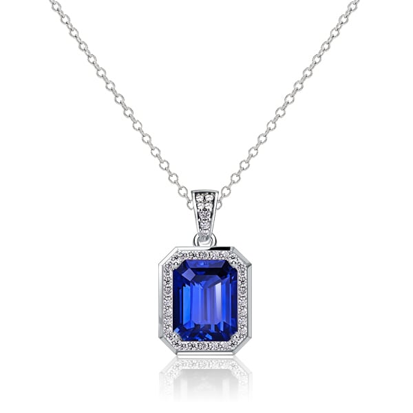 Italo Halo Blue Emerald Cut Pendant Necklace For Women