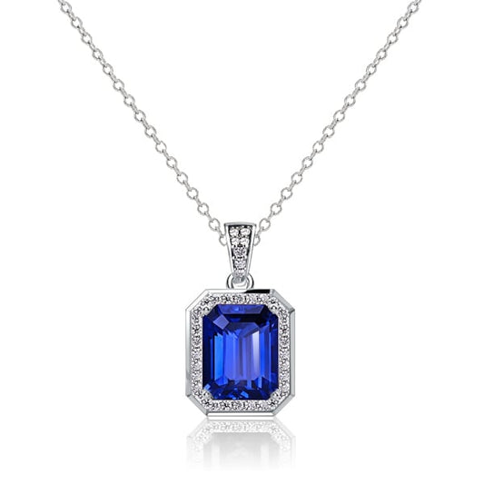 Italo Halo Blue Emerald Cut Pendant Necklace For Women