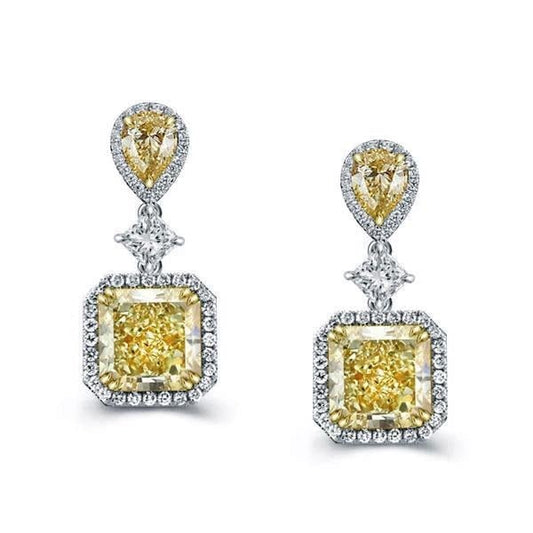 Halo Yellow Pear & Cushion Cut Silver Drop Earrings