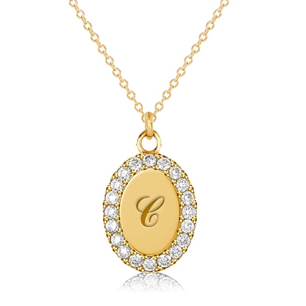 Oval Signet Pave Pendant Initial Personalized Necklace For Women