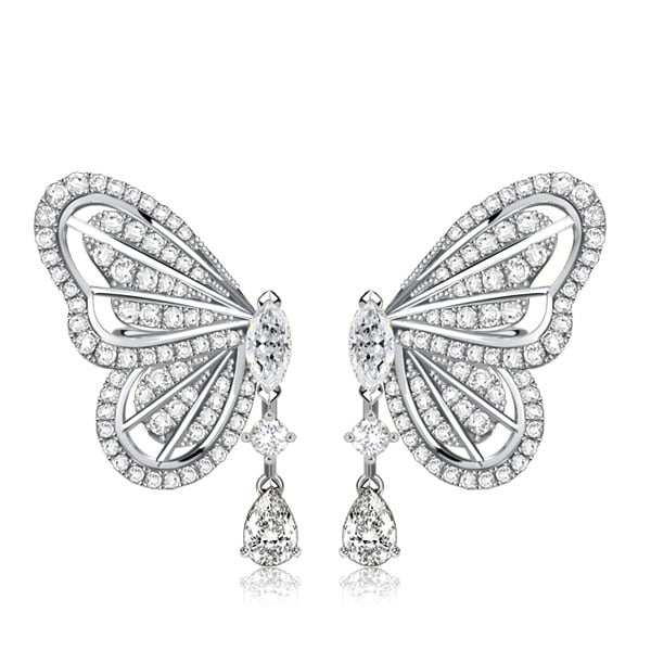 Dancing Butterfly White Sapphire Silver Drop Earrings For Women
