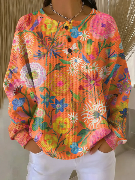 Casual Crew Neck Floral Sweatshirt Printing